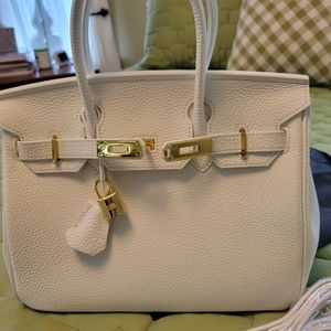 Birkin inspired bag in White Pebbled Leather